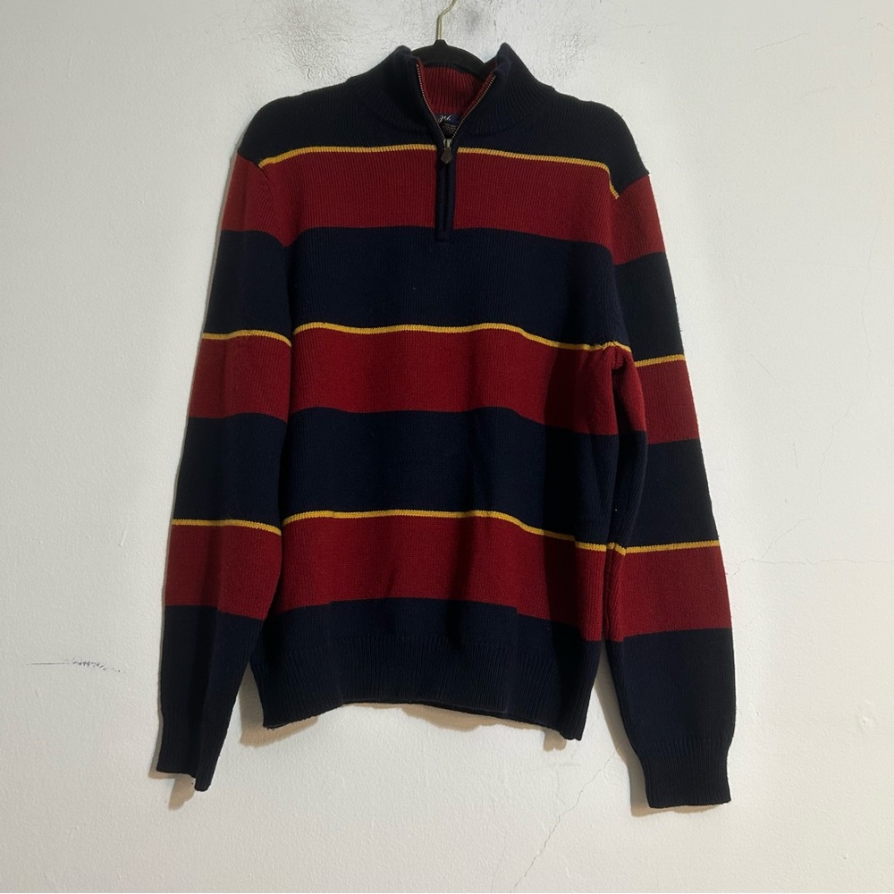 VTG Brooks Brothers 346 Lambswool Red Blue Striped 1/4 Zip Sweater Large Preppy